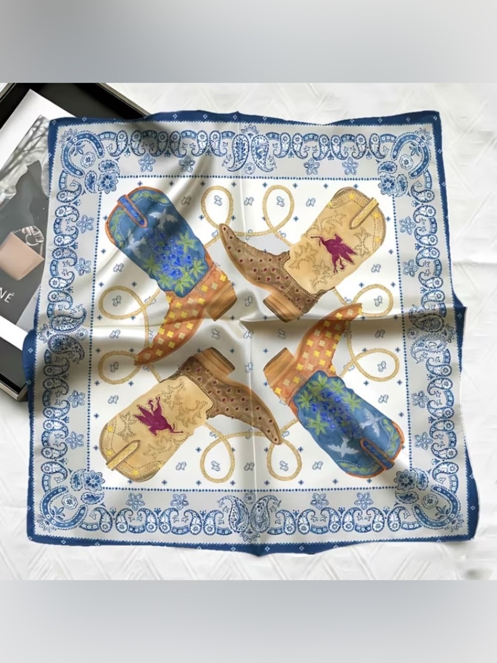 Cowboy Boot Square Scarf in Blue, Cream & Tan